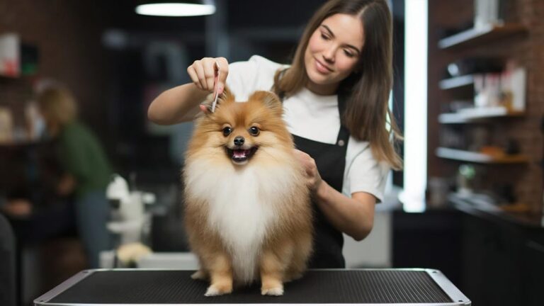 Groomer sređuje pomeranca u profesionalnom grooming salonu za pse