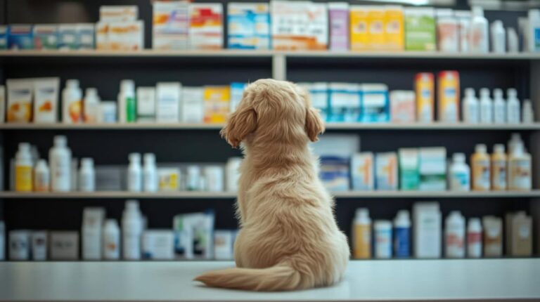 Pas ispred police sa veterinarskim proizvodima i lekovima za kućne ljubimce