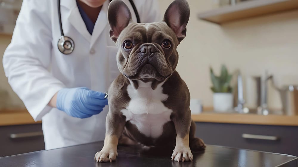 Veterinar pregleda francuskog buldoga tokom redovne kontrole